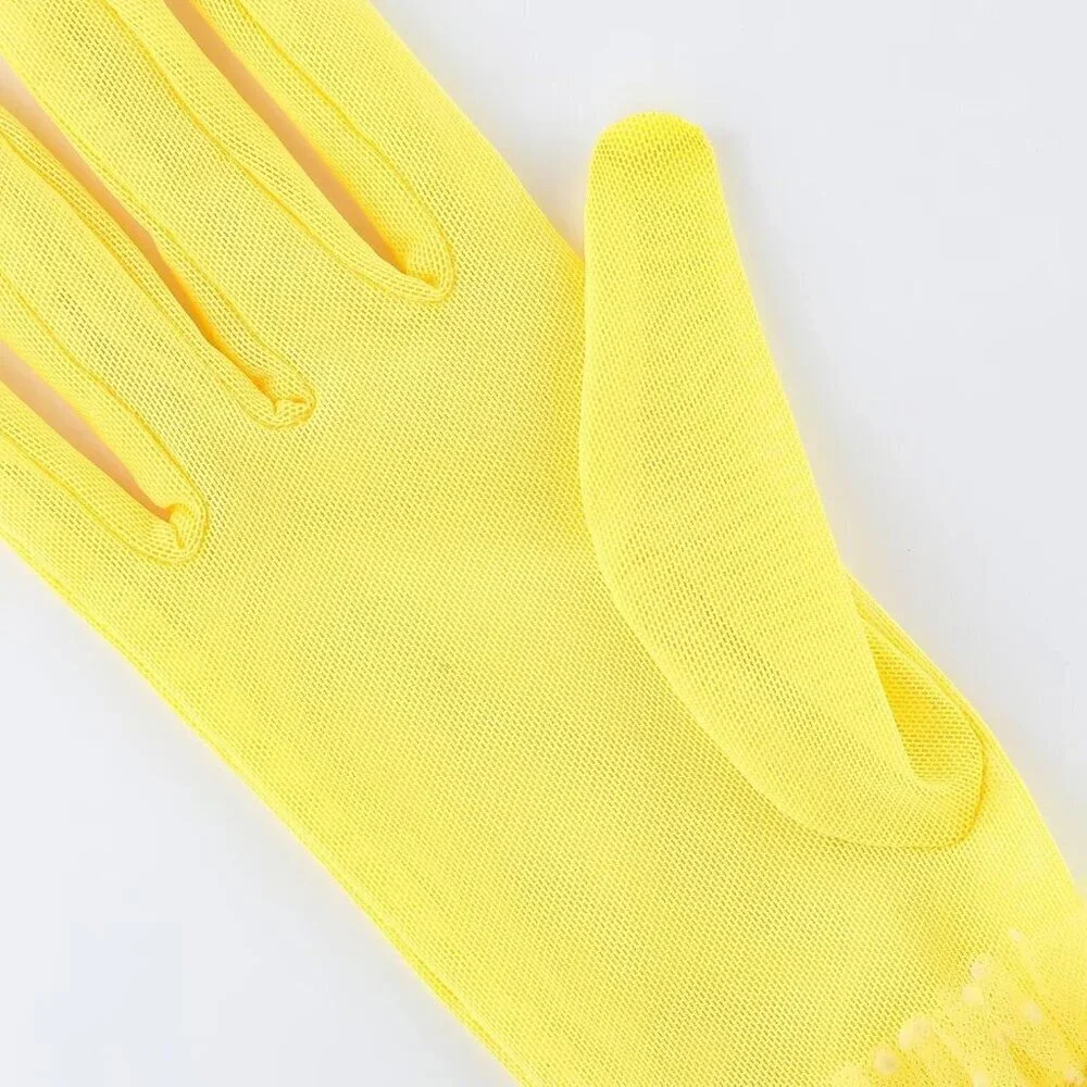 Women's Short Lace Yellow Tulle Sheer Mesh Tea Party Prom Gloves Banquet Costume